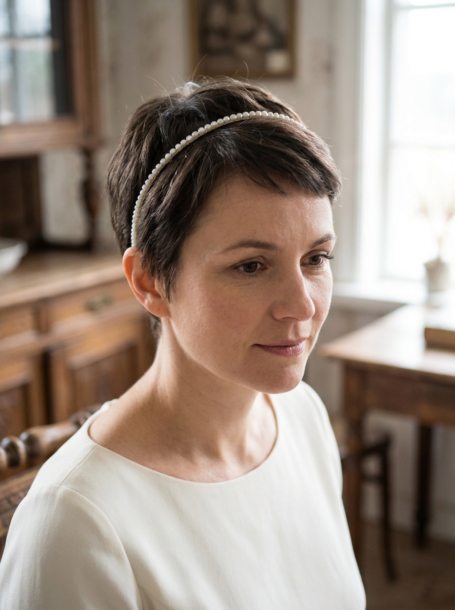 Pixie mit feinem Haarreif - Brautfrisuren kurze Haare